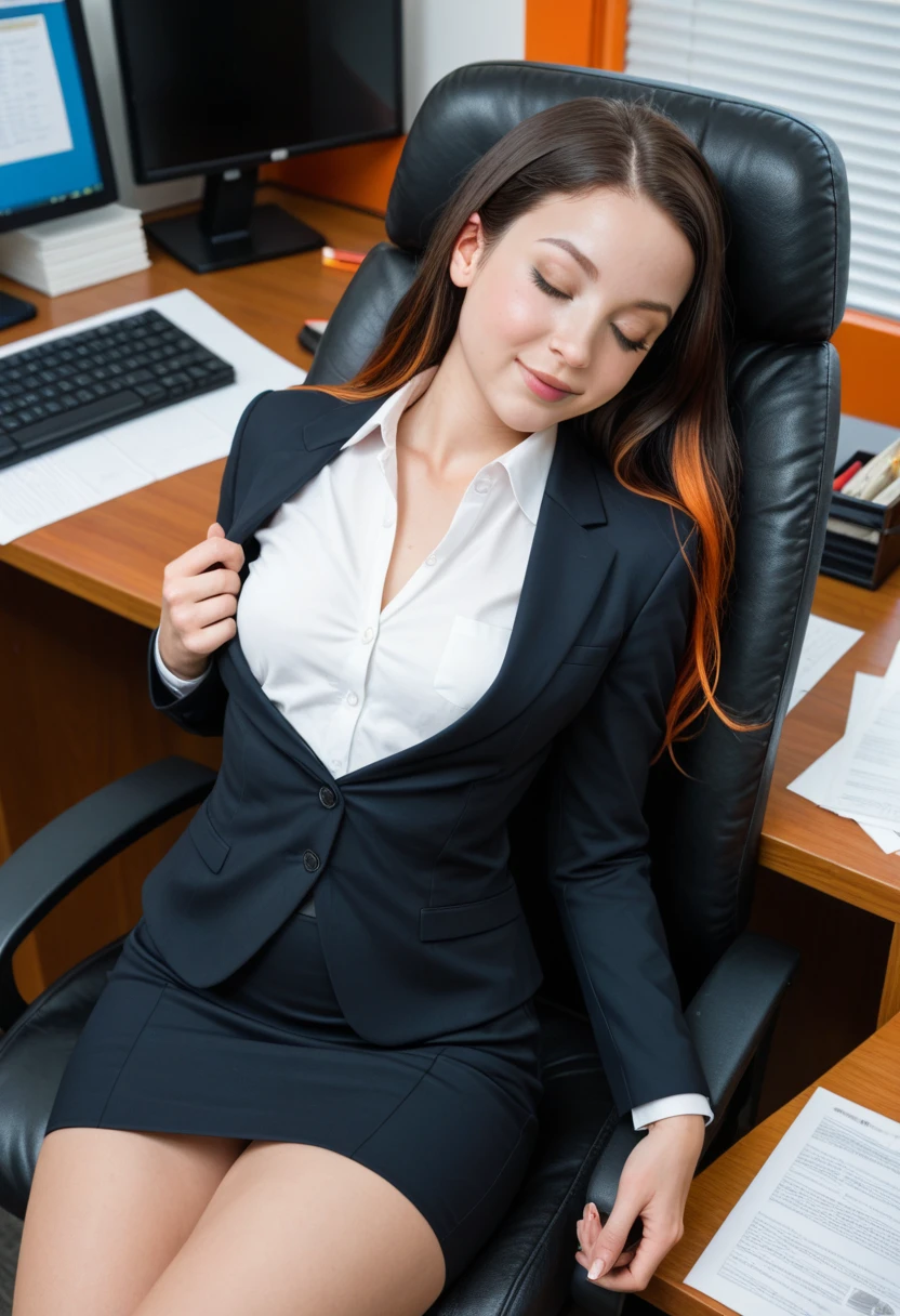 A pale white Norwegian female, short black wavy hair , working in home office, dressed in all black formal clotches, sitting at a desk with a computer and relevant documents, all black outfit,wide angle, sharp focus, 27 years old, smiling, small breasts, successful, deitailed skin, detailed hair, great lighting, no rings , small nose, white smile, using gloss on lips, detailed eyes, boukeh photo,data, dice