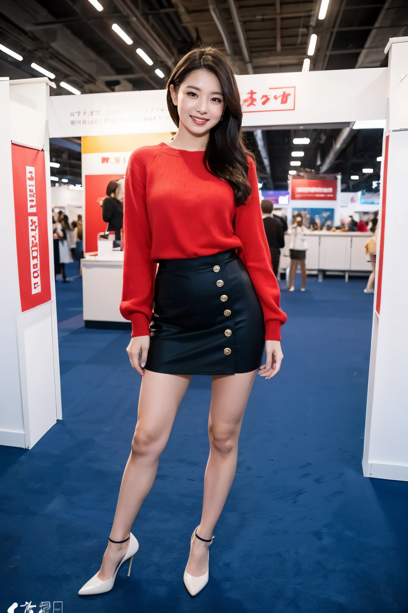 best quality, flying objects, realistic, high resolution, 8k RAW photo,alone, one girl, 23 years old、standing、smile、business skirt、 spread your legs 、high heels