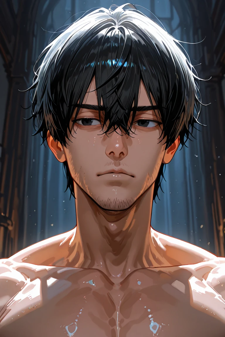 high quality, detailed, Realistic, (19 years old japanese idol boy), (detailed black eyes), (black short hair), (abs:1.5), (shiny skin), dungeon, (tiny thong), (bulge:1.2), candle, (detailed nipples), detailed areola,