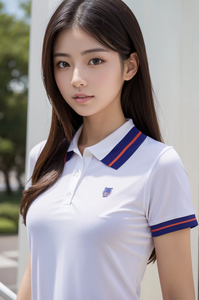 (highest quality, 8K, masterpiece ),12 year old junior high school student,big breasts、 super detailed face, bangs、polo shirt、double eyelid, (mini skirt:1.2)、knee、thighs、strong natural light、