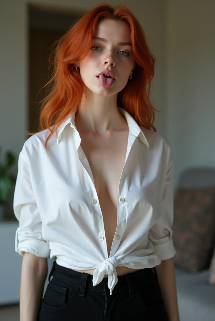 SFW, a portrait of a pole, long hair, freckles, only short white button-down shirt open, amazing body, full body, pronounced feminine trait, kitchen, (redhead: 0.4), hyper-detailed, hyper-realism, ((best quality)), ((masterpiece)), (detailed), (no panties), cross-legged, (open shirt), (no pants), sensual, 8k uhd, Nikon 70d, ISO200, F/2.8, 1/25sec, 70mm