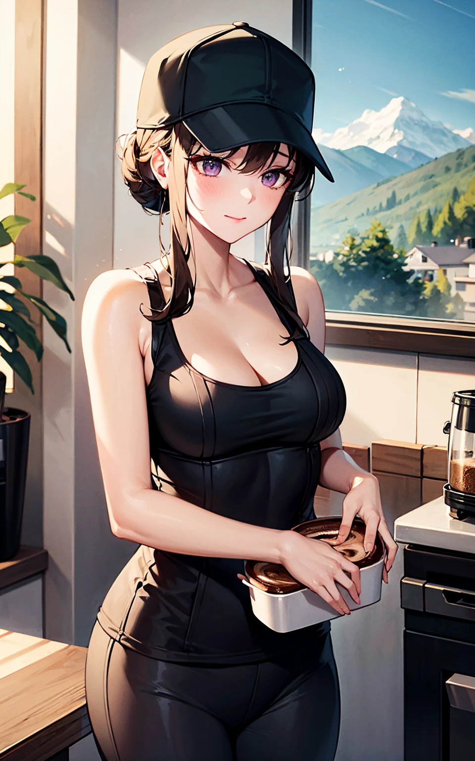 (best quality), perfect image, masterpiece,(26 year old woman)barista, yoga pants, brown hair, black tanktop with made up company logo across the chest, working at a locally owned coffee shop, working behind the counter with your cute coworker, ponytail, large window in background, medium sized breasts, a beautiful mountain range is visable through the window, looking at viewer, absolutely beautiful scene, cinamatic masterpiece, cleavage, aunt june, squinting, deep purple eyesd, (black baseball hat)