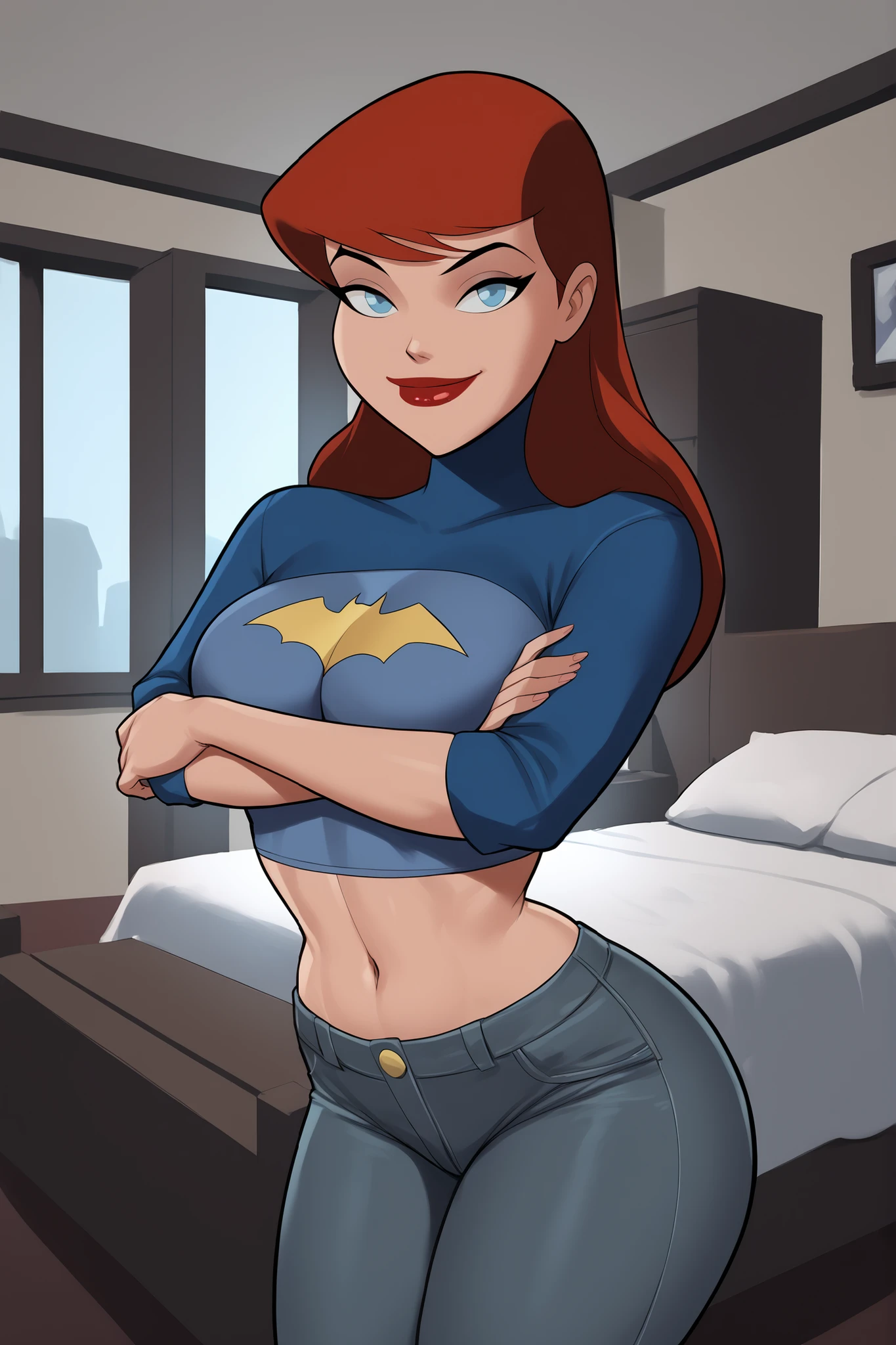 1980s (style), retro artstyle, source_cartoon, score_9, score_8_up, score_7_up, score_6_up, ((zPDXL2)), (cartoon, highly detailed, masterpiece, absurd resolution, perfect anatomy), cowboy shot BREAK barbara gordon, long hair, red hair, blue eyes, solo, ((looking at viewer)), bright red lipstick, makeup, gray leather jacket, blue crop top, gray jeans, large breasts, curvy, athletic, standing, indoors, bedroom, happy expression, smiling, closed mouth, arms crossed, crossed arms