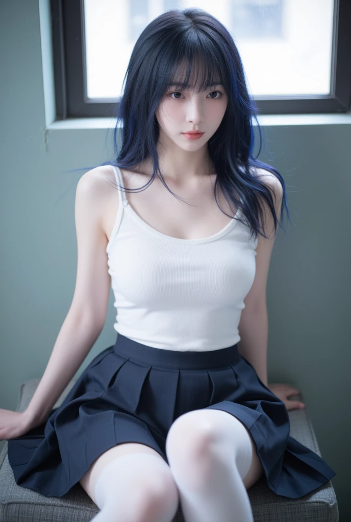 score_9, score_8_up, score_7_up,rating_questionable,1girl,zPDXL,woman,naughty smile,blush,(0.7::black|0.3::denim blue|hair) (0.7::fauxhawk|0.01::slightly rainbow hair),blue eyes,medium breasts,cleavage, upskirt,panties, medium shot,from below, shallow depth of field, perfecteyes, realistic, (lifting skirt completely with one hand:1.8), (putting finger on cunt:1.8)