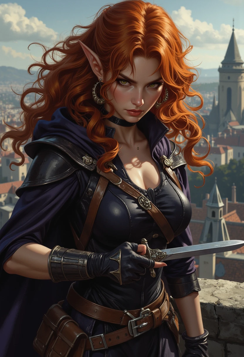 Lijana Sola, a female human sword-devil, is standing in the corner of a tavern. Her long red:1.2 hair hanging over her shoulder. Her green eyes shimmering in the light of the sun. Her hand on the hild of her dueling sword. Her darkened leather armor showing the signs of old battles. A black cape hanging down her back. Her face showing a suspicious look in contrary to her relaxed stand. She is wearing black gloves and black high boots. dynamic pose, head toward the camera, (cinematic lighting, volumetric), looking at viewer, facing viewer, trending on artstation, (masterpiece:1.1, best quality, highres, 8K, high resolution:1.2), comprehensive cinematic, precise lineart, extremely detailed, realistic, intricate details, full body:1.2, fantasy, futuristic, dramatic-light, detailed shadow, hyperrealistic, centered, intricate, vibrant, perfect-picture, 3d, shiny skin, volumetric, ray tracing, art by Alphonse Mucha, Juan Giménez, Drew Struzan, Bernie Wrightson, <lora:(Stoke) Pastel Punk XL v1.0:0.8>