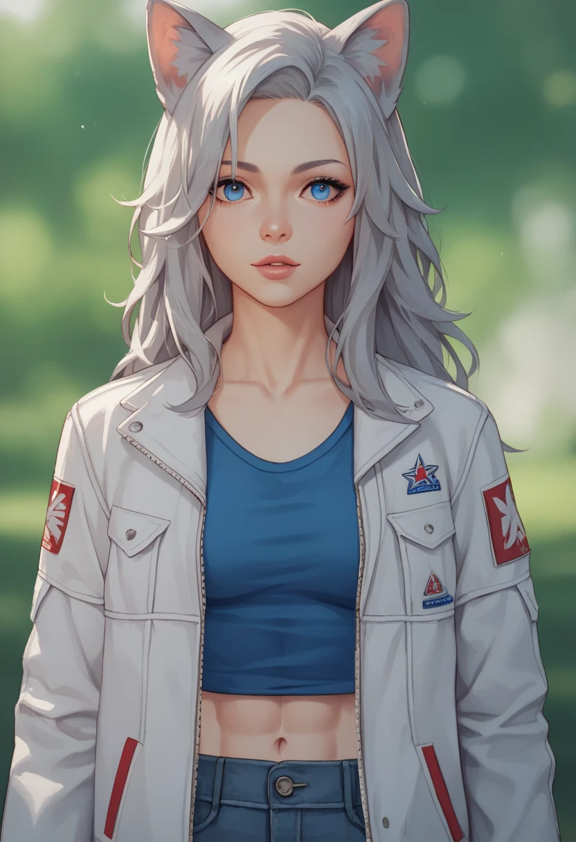 Masterpiece, best quality, high quality, highest quality, extremely detailed, 1woman, one woman, solo, young woman, long hair, silver hair, blurry background, plain background, blue eyes, perfect eyes, female focus, fit woman, neutral expression, open_white_jacket_with_red_accents over blue t-shirt, gray wolf ears with white fluff