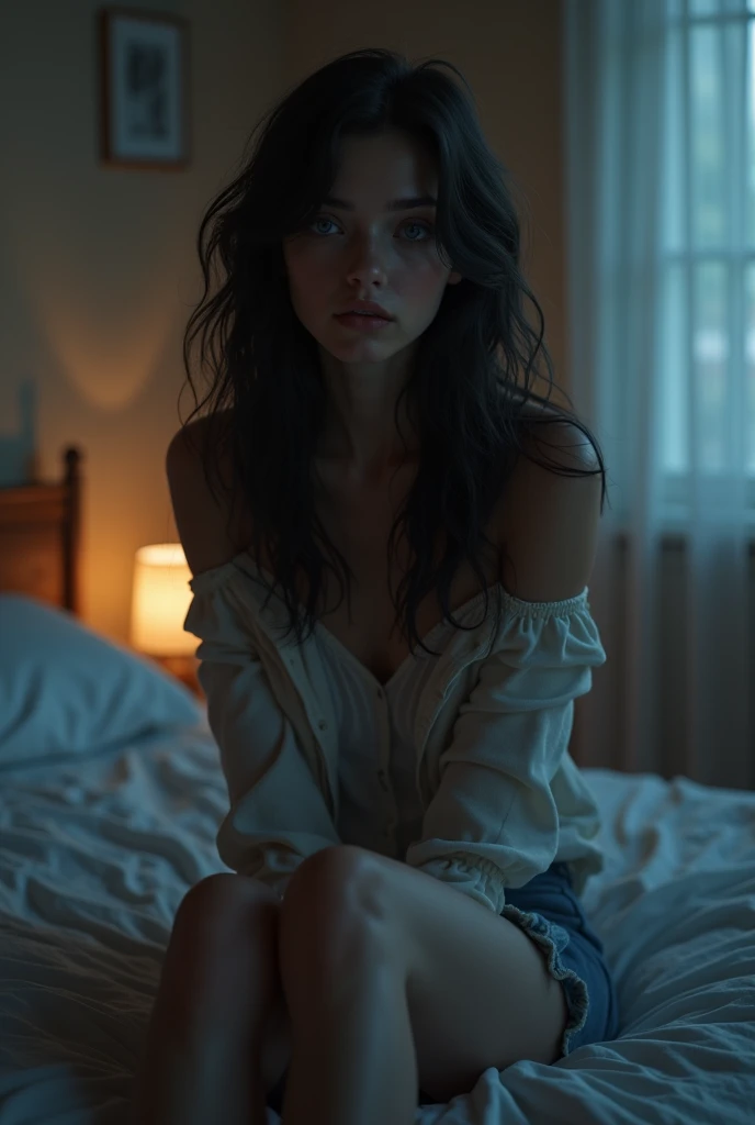 I want a beautiful woman sitting on the couch, She is sad next to the lamp crying and next to her there is a vinyl record with the cover saying Blues Tici.