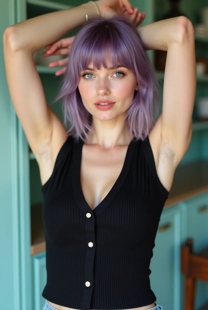 street photography photo of a young woman with purple hair, smile, happy, cute t-shirt, tattoos on her arms, sitting in a 50s diner, (European women age 35, A fashion model)), ((nude)), ((naked)), (((nude))), ((pale skin)),((perfect pussy)) ((spread legs)), (perfect pussy), (correct hand), (anatomy correct), (best qualtiy),(((masterpiece))).