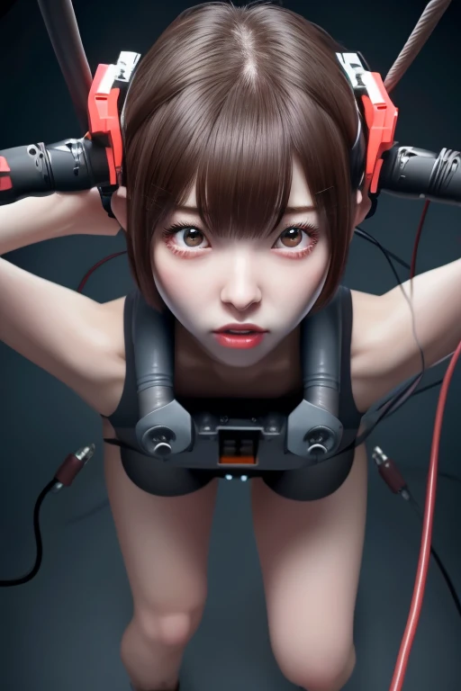 (((masterpiece))), (((Highest quality))), ((Super detailed)), (Highly detailed CG illustrations), ((Very delicate and beautiful)),(Cute and delicate face),Cinematic Light,((1. Machine Girl)),alone,whole body,(Machine made joints:1.4),((Mechanical limbs)),(Blood vessels connected to tubes),((Mechanical vertebrae attached to the back)),((Cervical vertebrae mechanically attached to the neck)),((Sitting)),Expressionless,(Wires and cables connecting the head and body:1.5),(Character Focus),sf