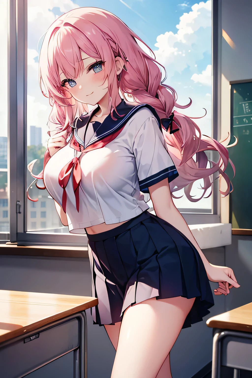 (8K、Best image quality、highest quality、masterpiece)、(Detailed face, cute eyes,Pink Hair, horn, open mouth, grin), (skinny body),(medium breasts), (school uniform), (Light blue striped pants), (cleavage), Classroom Background, (black stockings), (Thighs:1.2), (Waistline)