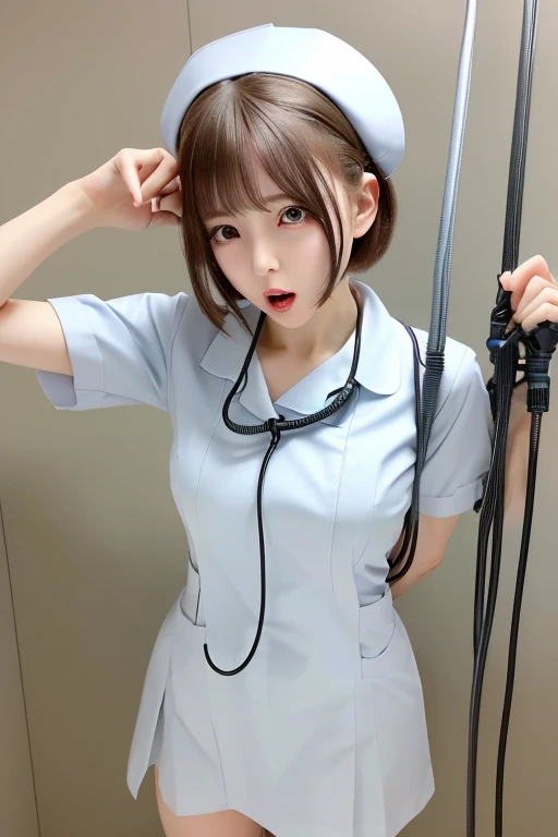 black nurse, 1 female, black nurse cap, Black Wear, ((black legwear, zettai ryouiki)), black elbow gloves, long hair, purple hair, gray eyes, ((Black surgical mask, Covered nose)), Are standing, ((operating room)), sharp outline, short sleeve, mature woman, 35 years old, highest quality, masterpiece、shiny costume、(((sexy slutty makeup、dripping sweat、oil skin,sparkling skin、realistic skin texture、detailed beautiful skin、shiny skin、shiny white skin))),