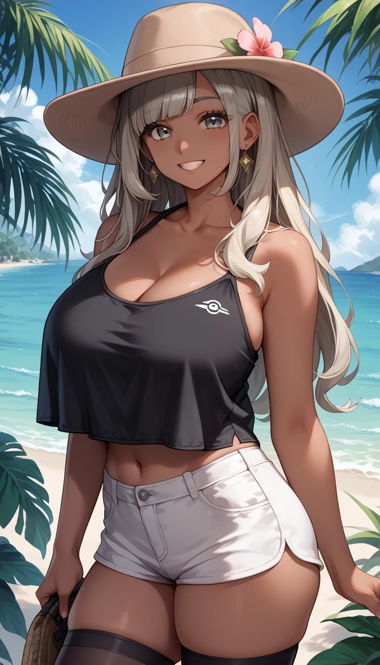 a 20 year old woman, good body, fit body, big breasts, sweating a lot, similar to Luna Maya wearing a short white t-shirt, white hot pants, sitting on the beach