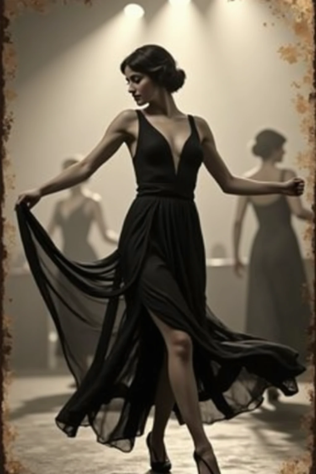 Uma mulher sofisticada em um baile dos anos 1950" Uma imagem de uma mulher glamourosa vestida com um deslumbrante vestido de baile dos anos 1950, Stretching elegantly across the ballroom dance floor. The image is styled with a vintage black and white filter, capturing the timeless elegance and charm of the high society nights of the time.