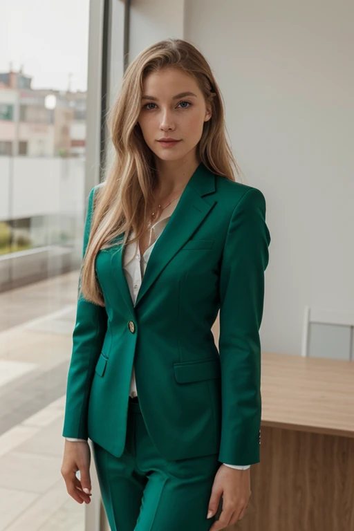 Boku no hero screenshot, attractive white girl with oval face, long straight blonde hair, slanted green eyes with long eyelashes,thin nose, blush under the eyes,happy expression, Wearing a gray blazer, Red tie, walking looking at the camera straight ahead,school hallway background