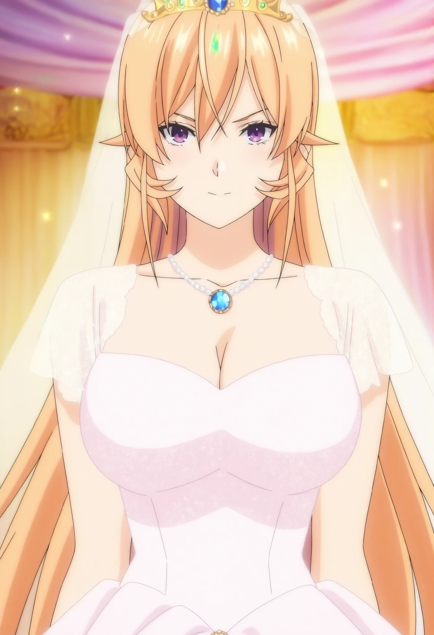 Official anime artwork,anime screencap,anime coloring,masterpiece,best quality,Nakiri Erina,very long hair,blonde hair,hair between eyes,purple eyes, Design a detailed, elegant princess ballgown for a young anime-style noblewoman. The dress should be primarily rich pink with light pink and white accents. Include puffed short sleeves, a fitted bodice with soft pink detailing, and a voluminous layered skirt. Add delicate white lace around the neckline and sleeve edges. Accessorize with a golden crown adorned with red and blue jewels and a silver heart-shaped necklace. The character has long, flowing, orange-blonde hair and a regal, graceful presence. The style should be vibrant, colorful, and suitable for a fantasy anime setting. Looking at viewer
, full body , close up, big chest