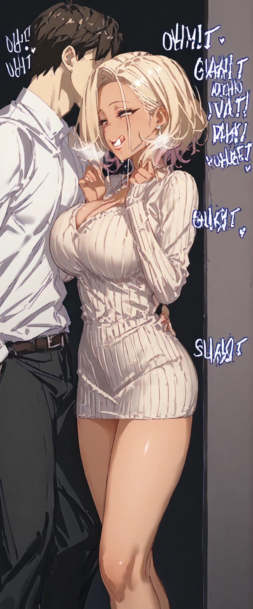 Short girl and black guy, A girl wearing a large plain pink T-shirt、Seducing viewers while watching them in the bathroom, View from below, Healthy Thighs,
, , (Wicked Smile:1.2), Off the shoulder, Long sleeve, Sunburn, Saucy, blush,
A man puts his hand on a girl's shoulder,
An absurd solution, Very detailed, Highest quality, Cute illustrations,