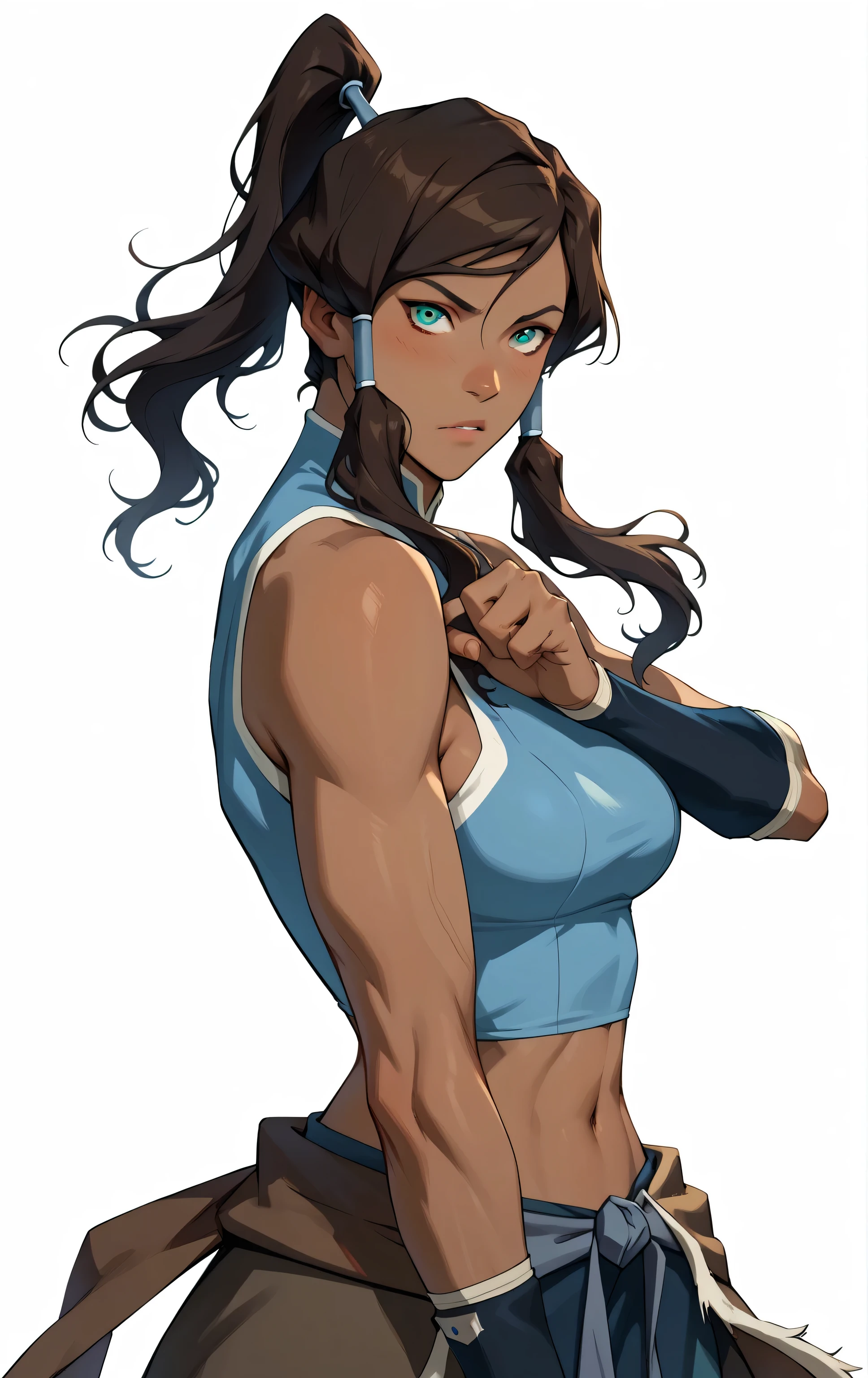 score_9, score_8_up, score_7_up, score_9, BREAK Mature, older korraSDXL, 1girl, solo, long hair, looking at viewer, brown hair, bare shoulders, midriff showing, croptop, medium breasts, standing, ponytail, sleeveless, dark skin, dark-skinned female, hair tubes, vambraces, topknot, in action pose, bending water around her, ((simple background))