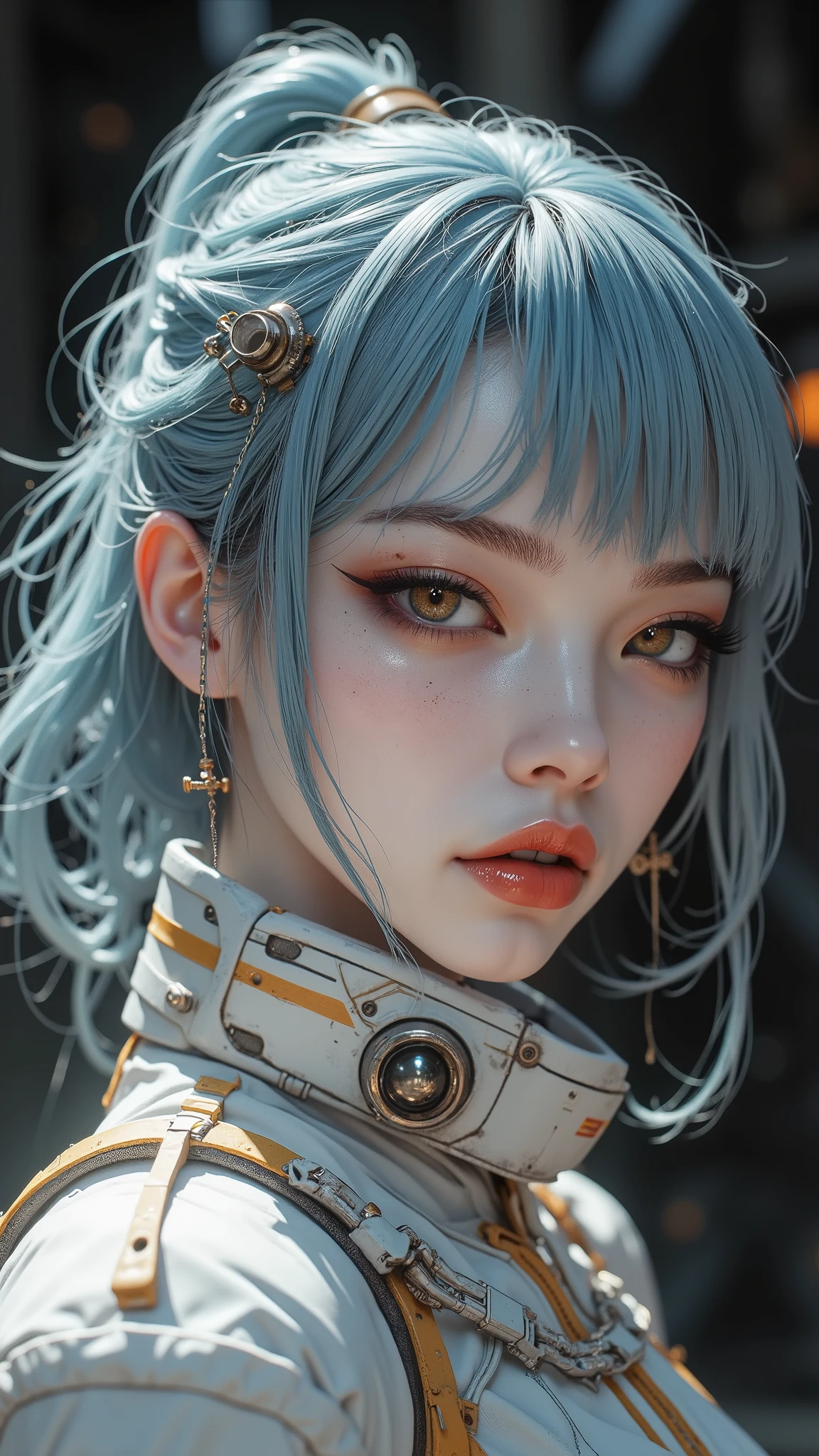 [Style: "masterpiece, realistic (Photorealistic realism), Hyper high resolution, (ultra quality, intricately detailed digital art), focus on extremely Realistic Proportion Body"] (Key Directive: "Prioritize anatomical accuracy and material textures") {Character: " white female" | Face: "symmetrical, pale skin, full lips" | Eyes: "((sharp focus, violet eyes, Hyper absurd quality, Hyper details, Hyper realistic green eyes:1.4))" - "((extra narrow eyebrows))" - "(Carefully draw Long blue_mascara:1.12)" - "(perfect round eyes)" | Makeup: "detailed lips:1.3 (apply glossy red_lipstick:1.3)" | Hair: "waist-length blue curly (setting light reflections: 0.5)" | POV: "((first person view))" | "((first person shooting position))" - "hold a Custom Railgun in hends" Weapon: "Custom Railgun (StatTrak™ module)" Environment: "unknown planet in an alien galaxy (unknown species of vegetation, animals), day" | Lighting: "(Cinematic clarity and global illumination)" - "aim at the target and shoot'' - ''Muzzle flash from rifle (temporarily illuminates face)" "((background – clear and sharp human-like large black alien, ("chaos and terror"))) (Rendering engine: "Unreal Engine 5 path tracing, 16K texture maps")} Realistic shaded lighting poster by Ilya Kuvshinov Katsuhiro, Magali Villeneuve, Artgerm, Jeremy Lipkin e Michael Garmash, Rob Rey e Kentaro Miura style, trending on art station.