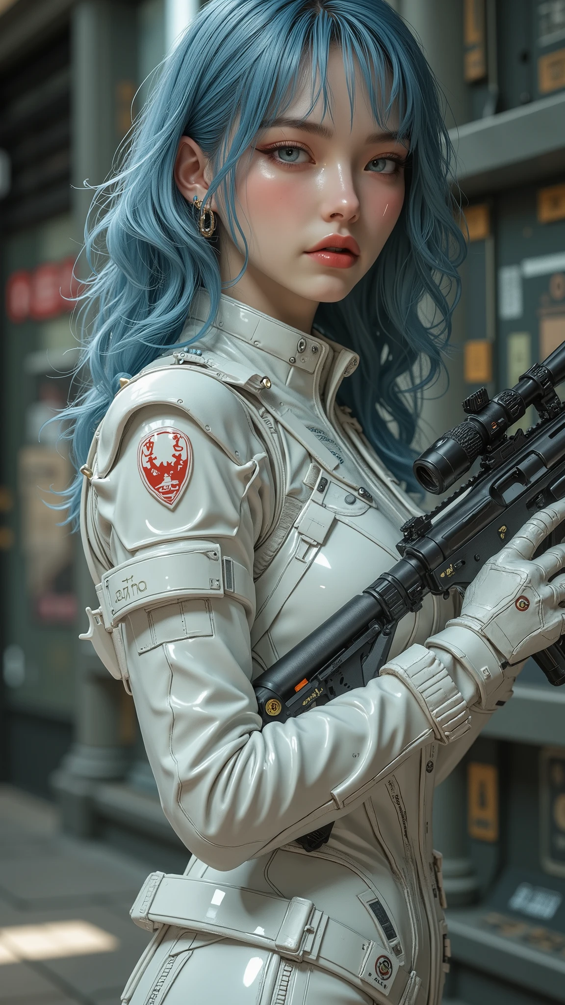[Style: "masterpiece, realistic (Photorealistic realism), Hyper high resolution, (ultra quality, intricately detailed digital art), focus on extremely Realistic Proportion Body"] (Key Directive: "Prioritize anatomical accuracy and material textures") {Character: " white female" | Face: "symmetrical, pale skin, full lips" | Eyes: "((sharp focus, violet eyes, Hyper absurd quality, Hyper details, Hyper realistic green eyes:1.4))" - "((extra narrow eyebrows))" - "(Carefully draw Long blue_mascara:1.12)" - "(perfect round eyes)" | Makeup: "detailed lips:1.3 (apply glossy red_lipstick:1.3)" | Hair: "waist-length blue curly (setting light reflections: 0.5)" | POV: "((first person view))" | "((first person shooting position))" - "hold a Custom Railgun in hends" Weapon: "Custom Railgun (StatTrak™ module)" Environment: "unknown planet in an alien galaxy (unknown species of vegetation, animals), day" | Lighting: "(Cinematic clarity and global illumination)" - "aim at the target and shoot'' - ''Muzzle flash from rifle (temporarily illuminates face)" "((background – clear and sharp human-like large black alien, ("chaos and terror"))) (Rendering engine: "Unreal Engine 5 path tracing, 16K texture maps")} Realistic shaded lighting poster by Ilya Kuvshinov Katsuhiro, Magali Villeneuve, Artgerm, Jeremy Lipkin e Michael Garmash, Rob Rey e Kentaro Miura style, trending on art station.