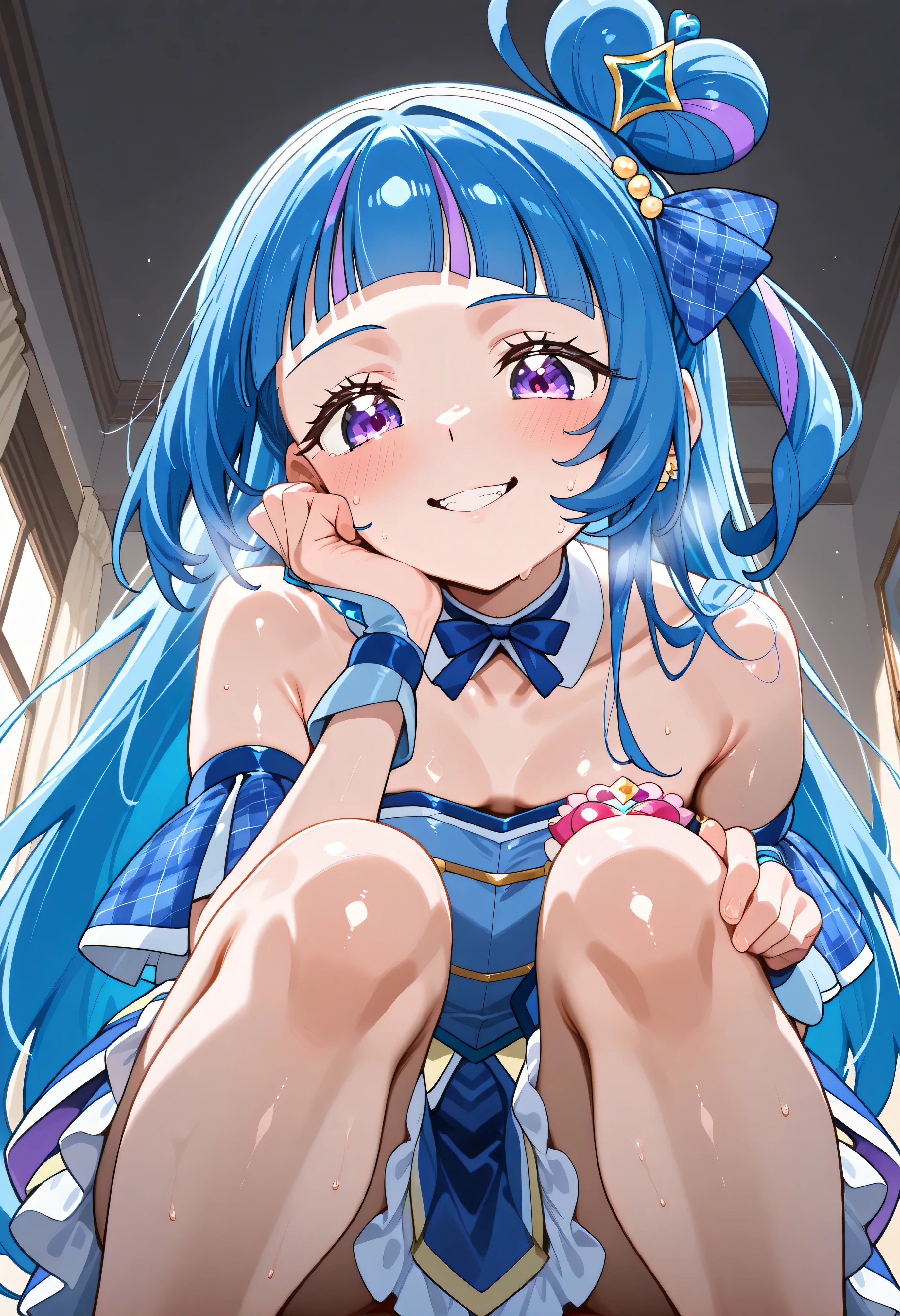 、 Look Down、from below、 break、Cure Wink、cure winks 、Idol Kimi and Idol Pretty Cure Blue Hair、Magical Girl、 mini crowns、purple eyes, blue dress ,slanted hat,very long hair,Dull bangs,bare shoulder,headband,other rooms,,nsfw,evil grin,NSFW for shiny skin