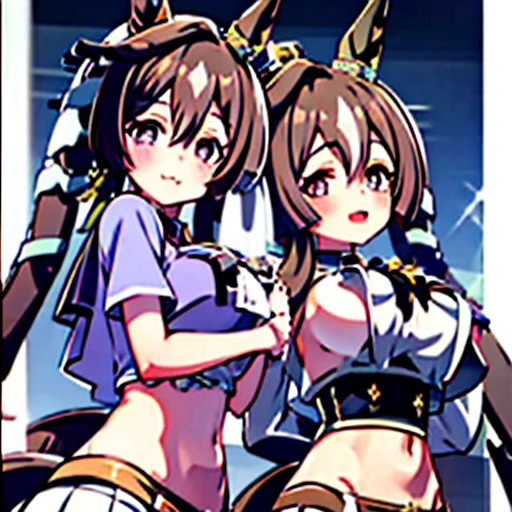 naked anime girl in cheerleader outfit posing for the camera with pom poms, 1girl, breasts, hetero, pom pom (cheerleading), horse ears, sex, animal ears, penis, 1boy, censored, nipples, horse girl, navel, cowgirl position, horse tail, tail, mosaic censoring, straddling, cheerleader, large breasts, blush, vaginal, jacket, looking at viewer, pussy, tongue, solo focus, open mouth, tongue out, sweat, bouncing breasts