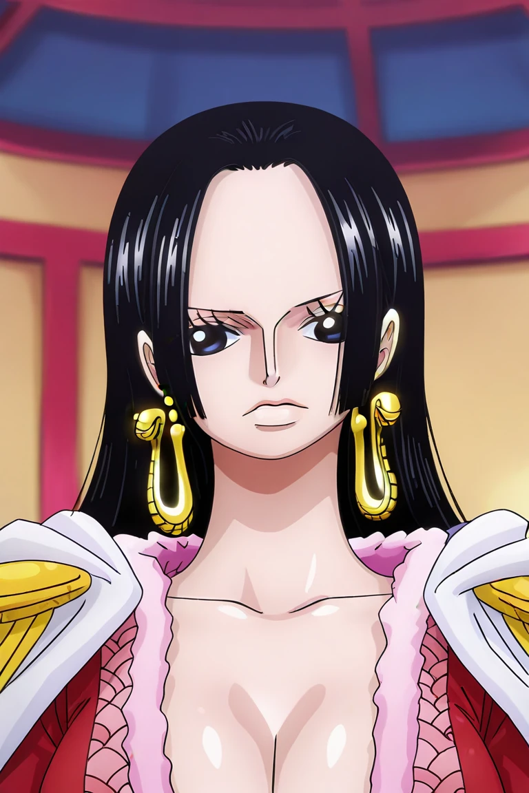 full body Create a female character with voluminous, bright red curly hair in the style of anime One Piece. She should be sexy, wearing black shorts and a black vest, with a choker necklace and flat-heeled boots. Her eyes are brown, and she is 16 years old.