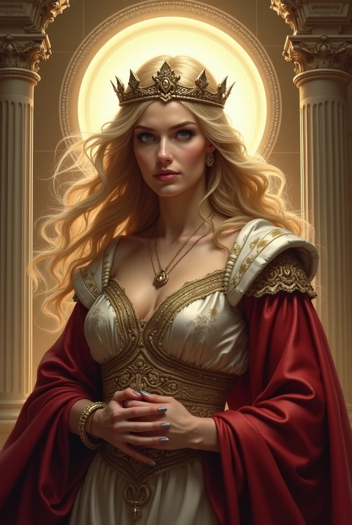 (extremely detailed 8k wallpaper), a portrait of a Blonde noble Indian lady, the lord of the castle's wife, sitting on a throne with a crown on her head, wearing a shining armor, highly detailed clothing and accessories, intricate decorations on the throne and in the background, dramatic lighting and shadows, 8k resolution, intricate, high detail, dramatic, huge tits, deep cleavage exposed 1/2 boobs