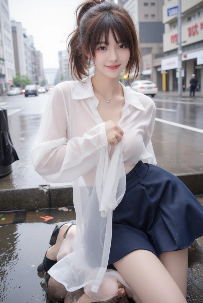 (Top image quality:1.2), (超A high resolution:1.2), (fidelity:1.4), 1 woman, 28 year old, ((a Pretty face)), (Wet clothes:1.4), ((Real rain)), ((Wet hair)), (Rain drips all over the body), Wavy short bob hair, Brown eyes, ((Shining Eyeshadow)), (prominent eyelashes), Glossy lips, (White blouse:1.2), (Black tight skirt:1.3), (Black High Heels:1.2), Black bra, Town, Despair, (Teardrops:1.2), (Crying face:1.2), Kneel down, One-person viewpoint, F/2.8, 135 mm, NIKON, masutepiece, Anatomically correct, high details, Best Quality, hard disk, 4K, 8K
