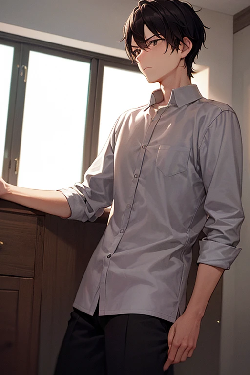 Master Masterpiece、beste Quality、8K、One Boy、Short green hair and big eyes、Cute face、16 years old、White shirt and dark gray pants、sit