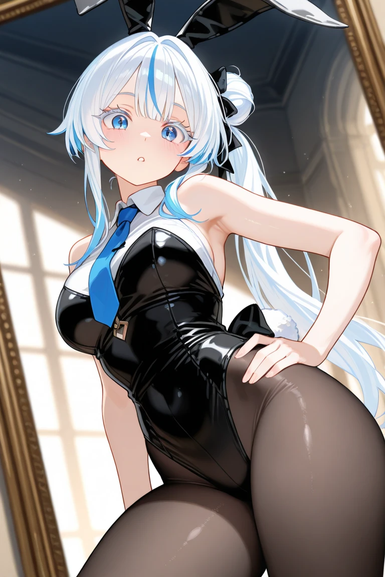 ((​masterpiece:1.4、top-quality:1.2))、1girl in、solofocus、delicated face、Highly detailed anime faces and eyes、(Blur the background：1.3、(transform sequence)、((stright long hair))、Soio、Soio、a 14 year old girl、japanes、Lori、Chiquita、a junior high school student、A dark-haired、((White and blue maid style leotard))、（highleg）、Tiara on the head、A smile、is standing、Facing the front、