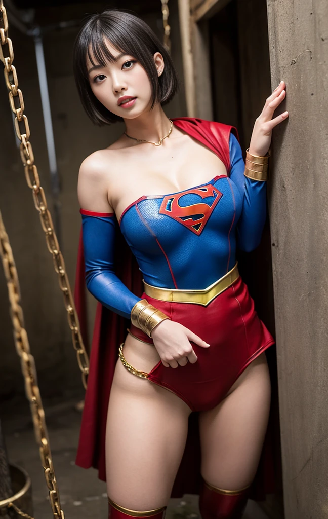 Sexy superwoman wearing very thin costume, front view, Exercise and a healthy body, naughty, Debauchery, Perfect hands, Detailed hands, perfect  eyes, A detailed eye, flirt, sexy for, naughty, posing on a, Keep your hands and arms at your sides, Large and lively, actual, HighDynamicRange, hyper HD, dynamic，Abs