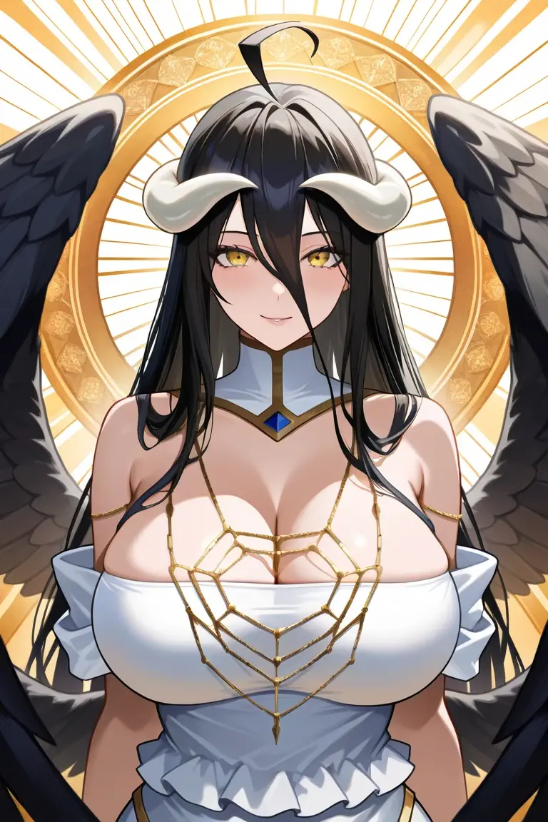 masterpiece, best quality, highres, al1, demon horns, slit pupils, white gloves, white dress, bare shoulders, detached collar, cleavage, black wings, feathered wings, low wings, cowboy shot, outdoors, sitting, kneeling, filed