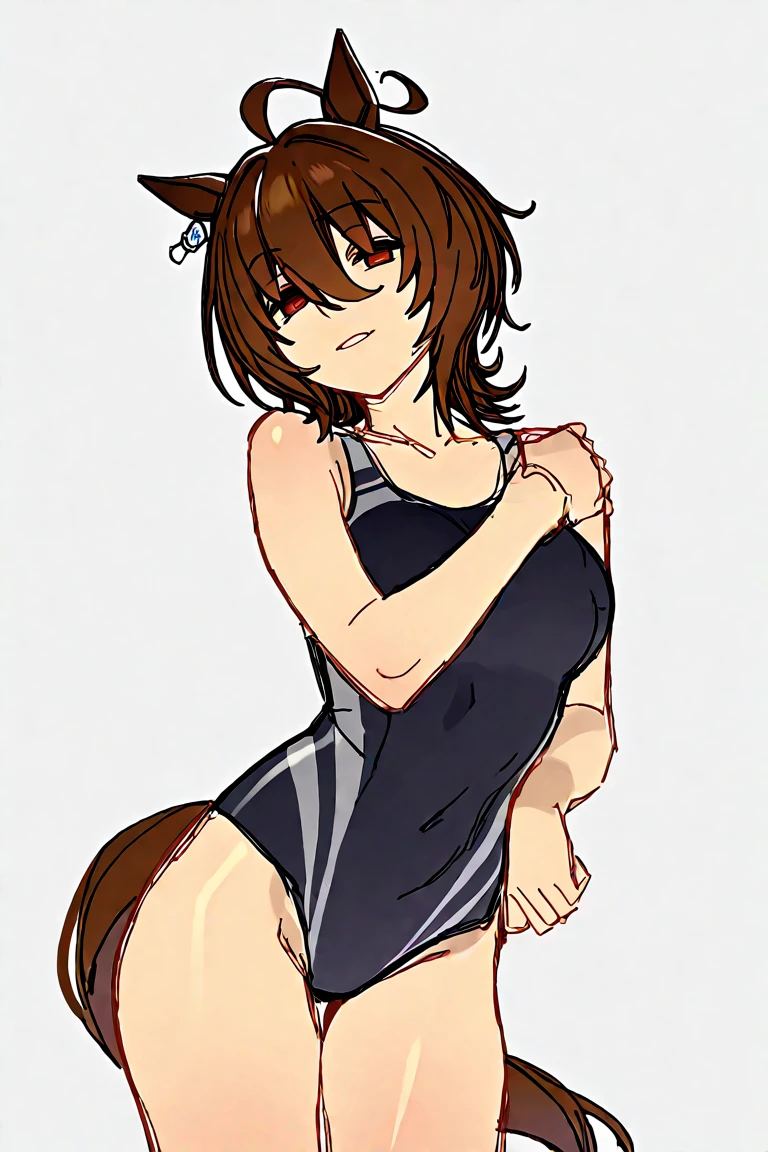 masterpiece, best quality, agens tachyon \(umamusume\), solo, cowboy shot, horse girl, horse tail, brown hair, red eyes, gray banded ribby one piece swimsuit with side cutout, 1girl, solo, jewelry, necklace, one-piece swimsuit, swimsuit, Swimsuit with wide open chest, head out of frame, brown hair, Wide pelvis, scrawny:1.7, Big breasts, Large breasts, Erect nipples, Vagina line, Cameltoe, swimsuit, beautiful face, Full body standing, (Semen overflowing from the cleavage), (((A large amount of semen attached to the whole body))), ((Grabbing with breasts hands)), Get blush,