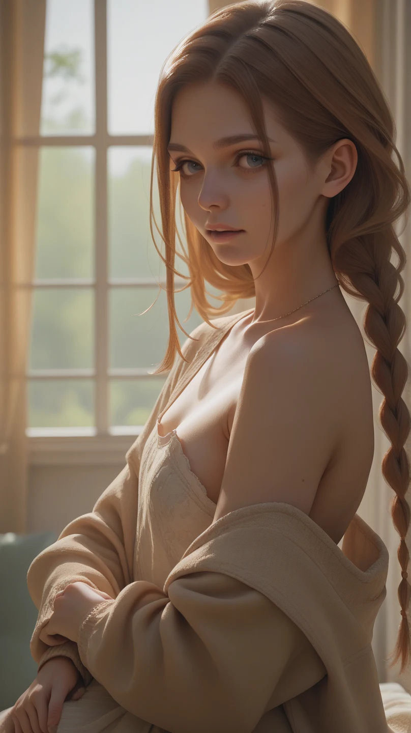 8k, 1girl, nude, ((masterpiece)), ((best quality)), (ultra-detailed), highest quality, beautiful detailed, (((realistic))), hyper realistic character, bright pupils, detailed eyes, expressive eyes, makima, red hair, single braid, bangs to the eyebrows, two side bangs, ((Ringed orange Eyes)), sharp_eyes, naughty face, ultra detailed, ((nsfw)), naked, vagina, vaginal, pussy, asshole, a beautiful woman posing, sexy position, (full body), big tits, she is looking down, head tilted down, FULLY NAKED, VAGINA, CLITORIS BETWEEN LEGS, PUSSY, bedroom, ass focus, view back side,