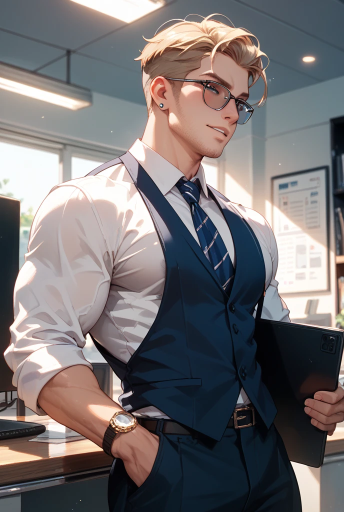 Handsome and muscular man, is lawyer, wears a formal suit without a shirt, With glasses. The setting is a law office.