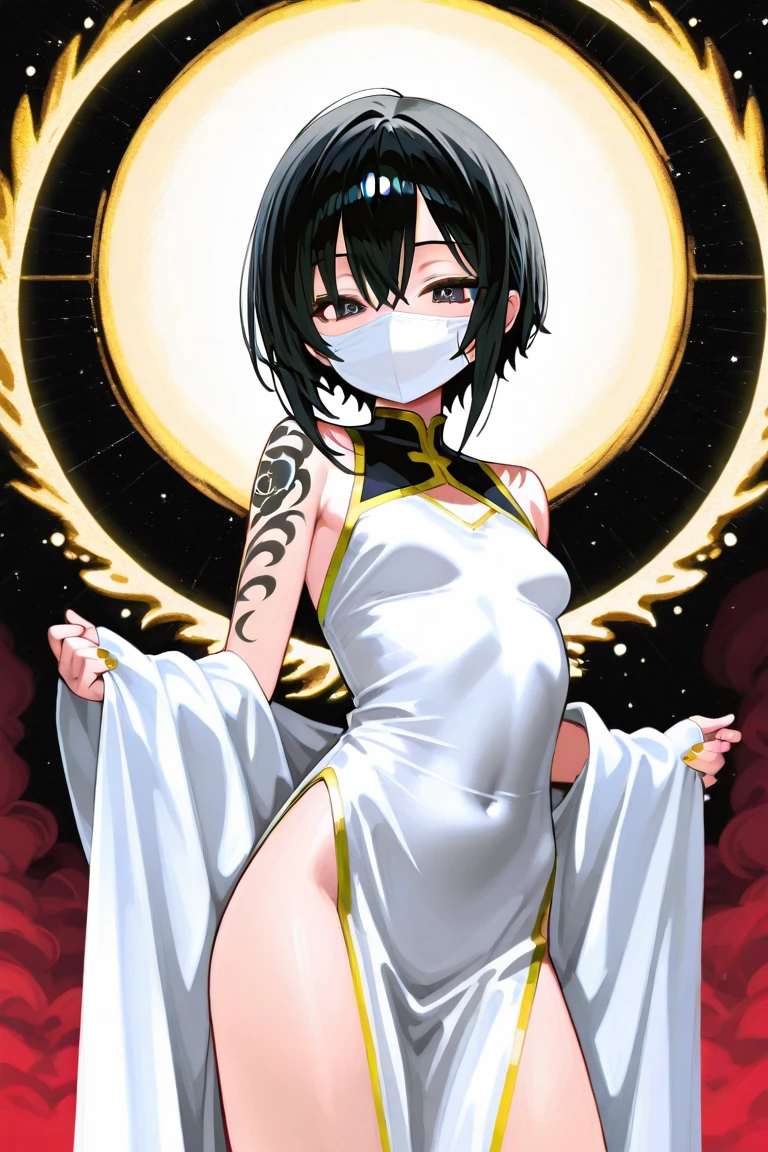 {{{{amazing quality, great quality, high quality, very aesthetic, aesthetic, best quality}}}}, 
realistic, photo, shadow, Three-dimensional, absurdres, Digital art, 
{{{{Magical girl}}}}, beautiful girl, one girl, 
black hair, long straight hair, hair, trimmed hair, shiny hair, blunt bangs, short sideburns, 
brown eyes, tareme, 
{{flat chest}}, {{small breasts}}, {{detailed body}}, slim thighs, thin thighs, 
white cloak, cloak over naked, {{girl covers her body with a cloak}}, 
{{both shoulders expose}}, {{covered navel}}, 
{{magic circle}}, 
