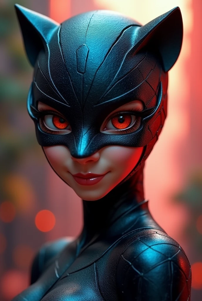 Tori Black lace catwoman heavy black eye shadow long black eyeliner black outfit incredible and fantastic face mask sharp claws posing on a sensual bed fierce expression dark ambience