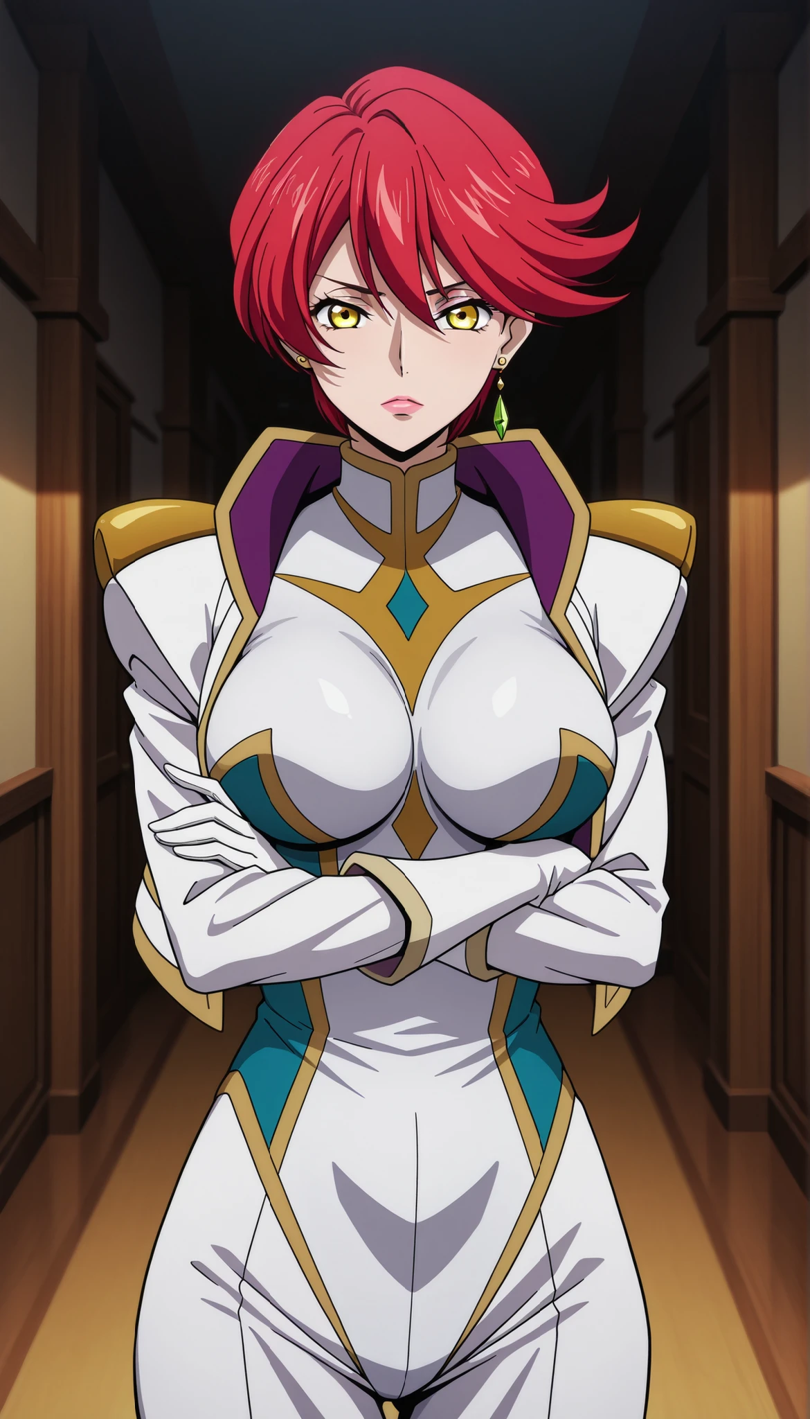 narah_pilotsuit,narah vaughn,1girl,solo,red hair, crossed arms,short hair,breasts ,yellow eyes,gloves,looking at viewer,jewelry,earrings,lipstick,large breasts,mature female,MILF, standing
