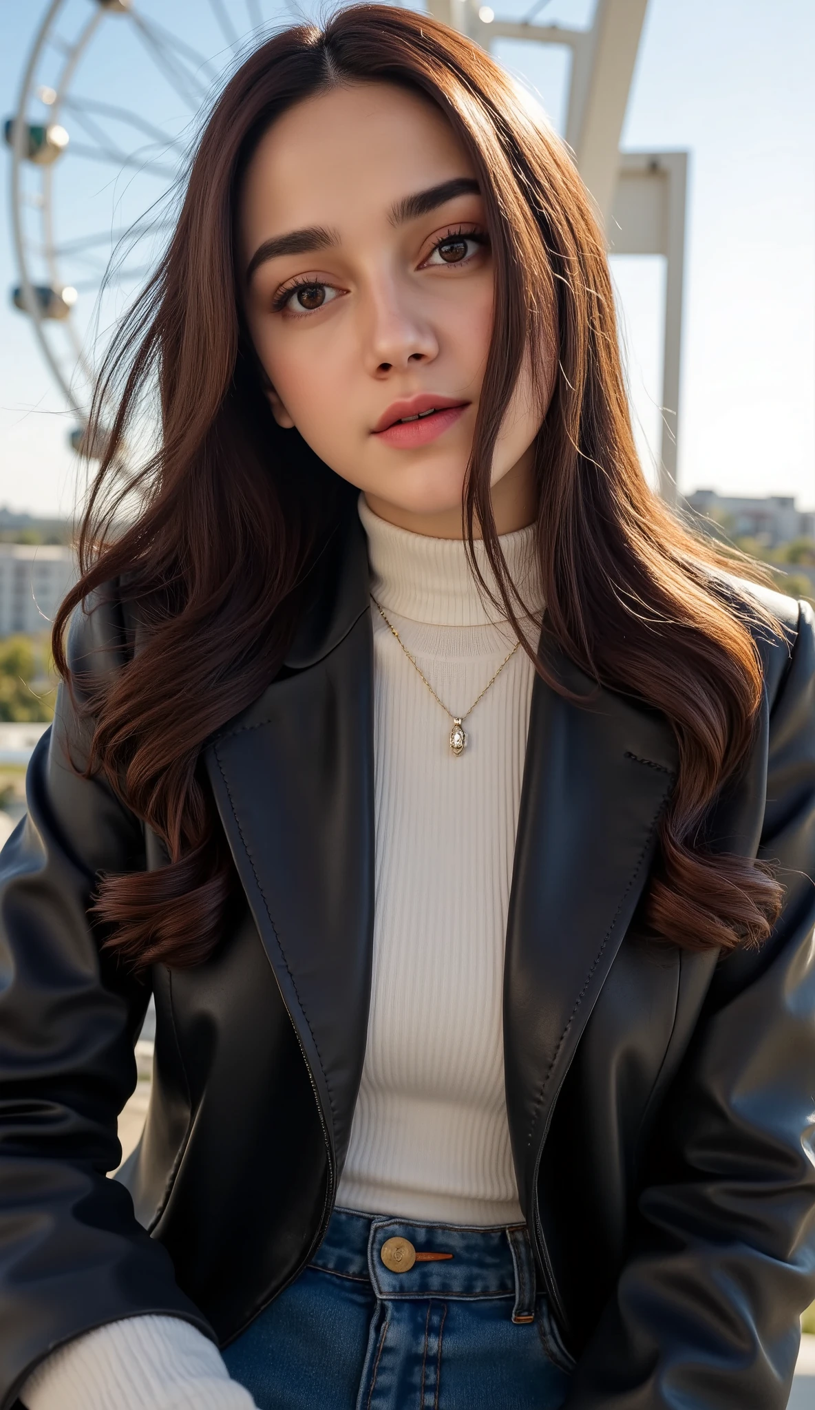 dasha_taran, Portrait of a woman, (close up),upper body, (( turtleneck sweater, leather jacket, blue jeans)), sitting in a ferris wheel, ((smiling)), long hair, floating hair, hair blows in the wind, windy, ((perfect eyes, detailed eyes,realistic eyes)), (masterpiece, best quality, ultra-detailed, best shadow), high contrast, (best illumination), ((cinematic light)), colorful, hyper detail, dramatic light, intricate details, (1 girl, solo) , ultra detailed artistic photography, dreamy, backlit, shadows, ultra high definition, 8k, ultra sharp focus, ultra high quality model, soft lighting, film photography, analogue photography, hyperrealism,, ((sharp face, detailed face, realistic face, naturtal skin, realistic skin, detailed skin, pores))