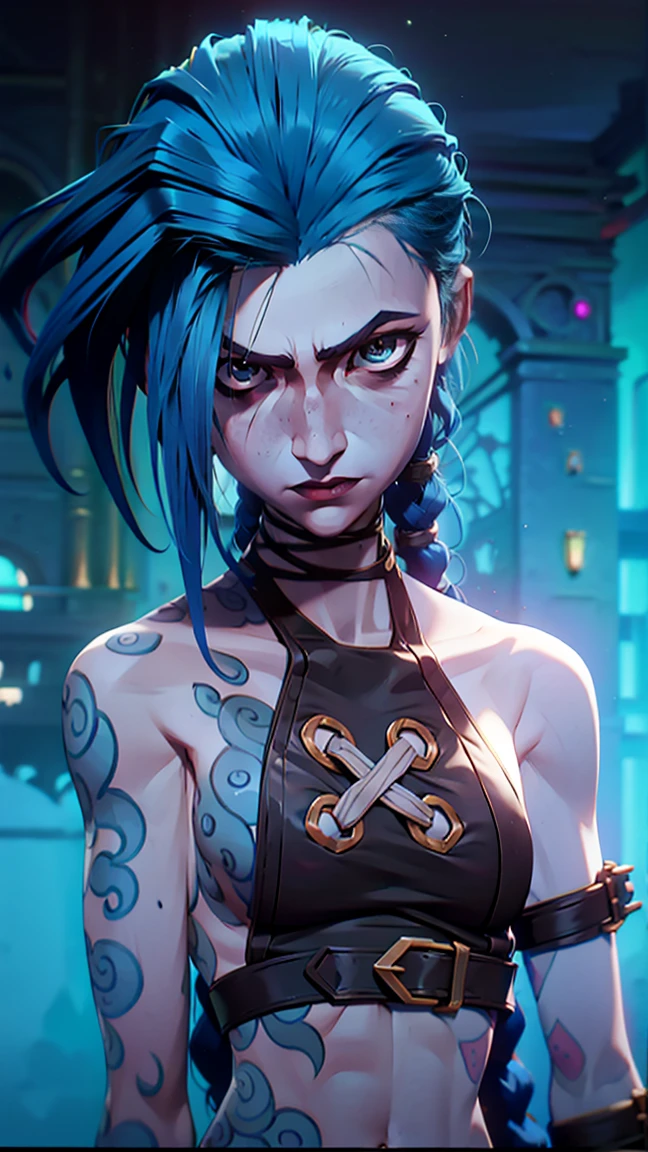 (masterpiece, Best quality), 1 girl, portrait very detailed face, very sexy, full length (full body 1.1.), crazy look, smile, tears, (tears на щеках), glowing pink eyes, feminine, darkness, beautiful waist, gloomy composition, very beautiful, long hair, hair braided in long braids, very sexy, tight leather pants, emphasis on the eyes, emphasis on the face, hands, Косаed ponytail, glowing pink eyes, Jinx is crying, Blue cloud tattoo, (masterpiece, Best quality), Side lighting, beautiful detailed eyes, crazy face), (Best quality), (masterpiece), magic photography, Spectacular lighting, photorealism, ultra detailed, intimate portrait composition, 1. 4,8 K UHD, aesthetic, CD., a high resolution, 8 K, Better lighting, Best shade, Ultra-HD, a high resolution, Sharp Focus, complex background, cinematic lighting, ((Landscape view)), 4K block, (Better lighting), ((cinematic lighting)),