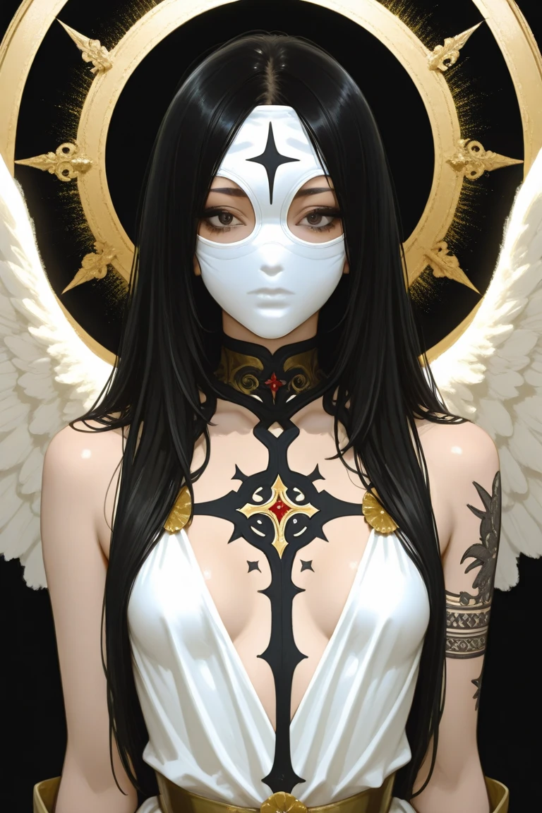 by gustavklimt,fine art,
<lora:ccentino_v01:1> ccentino,
warrior queen,black luxurious dress,retro armor,blindfold,angel wings,black-blindfold,mexican,long black hair,tan,medium breasts,
<lyco:GoodHands-beta2:1.0>