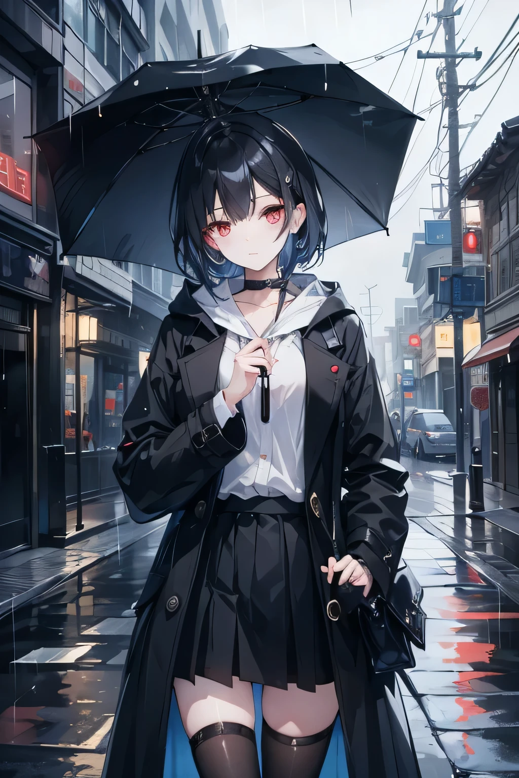 black hair, blue secret two-tone hair, red eyes, , slender body, one woman, high quality , rainy weather without an umbrella, black stockings, Long coat without pattern, Korea Street. dark night, umbrella, street light, Soft moonlight, highlight lighting , 5 fingers, No extra fingers,