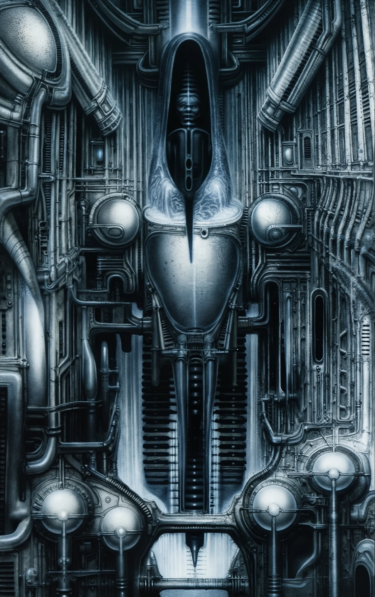 Create a biomechanical surrealist composition in the style of H.R. Giger The image depicts a highly detailed, intricate mechanical structure that is opened criocapsule with a futuristic design, supporting pipes, valves, and complex mechanicals emphasizing an intimate, enclosed environment constructed from a dense, interlocking matrix of sinewy tubes, hydraulic pistons, and organic armor-like forms. The composition should follow a horizontal, womb-like curvature, drawing the viewer's gaze into the center where a stylized humanoid figure—feminine and serene—is embedded and partially fused into the surrounding machinery. Her face should be smooth, doll-like, and expressionless, emerging from a coil of dark, flexible conduit, with her body either incomplete or replaced by amorphous, ovular biomech structures.
The structural layout must be closed and compact, with every form interdependent and overlapping: large crescent-like forms embracing spherical and pod-like volumes, smaller pipework coiling into and emerging from larger vertebrae- or muscle-like shapes. Visual rhythm is created by alternating convex and concave forms, mimicking anatomy—tendons, bones, and soft tissue—integrated with mechanical components like couplings, ducts, and industrial plating.
Lighting should be minimal and dramatic, with diffuse overhead shadows and luminous uplighting reflecting softly off pearlescent, metallic surfaces—creating contrast between slick, polished tubes and matte, textured zones. Surfaces must exhibit wear: micro-pitting, scratches, and oil stains, evoking a lived-in, post-organic dystopia. The artistic style is hyper-realistic in detailing, but deeply surreal in essence—melding flesh with machine in a claustrophobic harmony. All elements should feel gestated in the same biomechanical womb, part erotic, part industrial, and deeply uncanny.
, (Proportion:1.1), , (Reflected light:1.2), Parchment, ultra detailed, intricate,, dry b (best quality:1.4), H.R. GIGER, BY GIGER