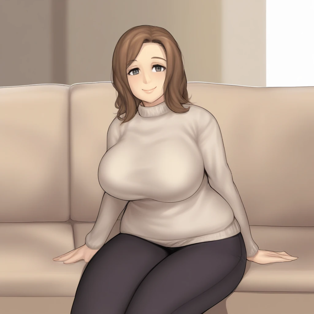 (one girl, 1girl:1.1), (solo:1.3), (light blue eyes:1.2), (brown hair:1.2), (short hair, forehead:1.2), (bob cut:1.1), (naughty face, smile:1.2), half-closed_eyes, (flustered, blush, nose blush, ear blush:1.3), (steam:1.3), (looking at viewer:1.1), BREAK (sitting, on couch, couch:1.1), (low angle:1.4), (thick thighs, curvy, voluptuous, soft body, wide hips:1.3), (plump:1.0), (milf, mature female:1.4), (large breasts:1.3), BREAK (beige cotton sweater, sweater dress:1.3), BREAK (indoors:1.3), (dark, dimly lit:1.3), BREAK SLE, mksks style, best quality, masterpiece, detailed background, highly detailed, intricate, detailed face, long eyelashes, detailed eye,