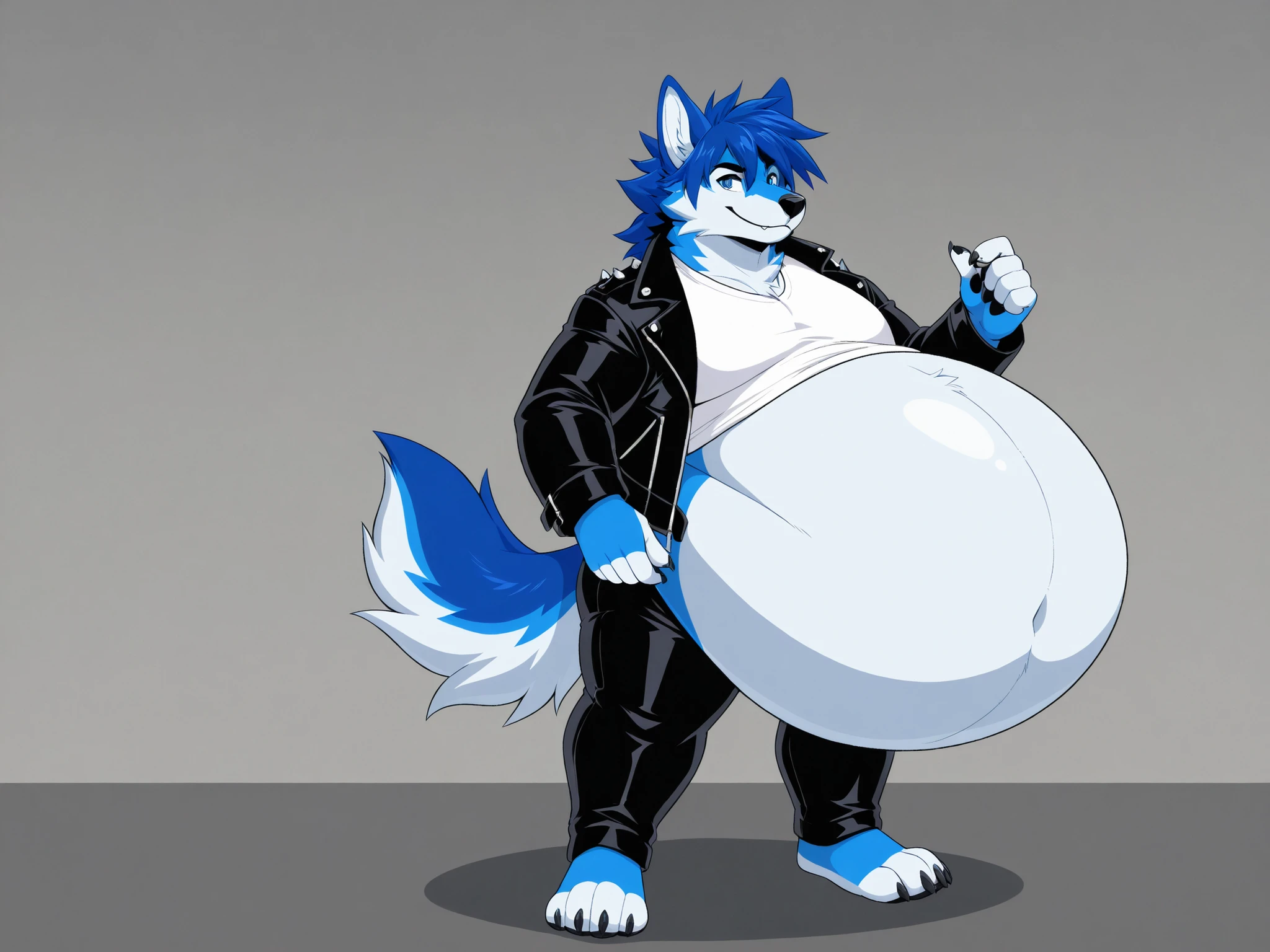blue wolf, male focus, extra belly, fat body, long blue hair, blue eyes, black leather jacket, white t-shirt, black leather pants, black boats, full body, solo