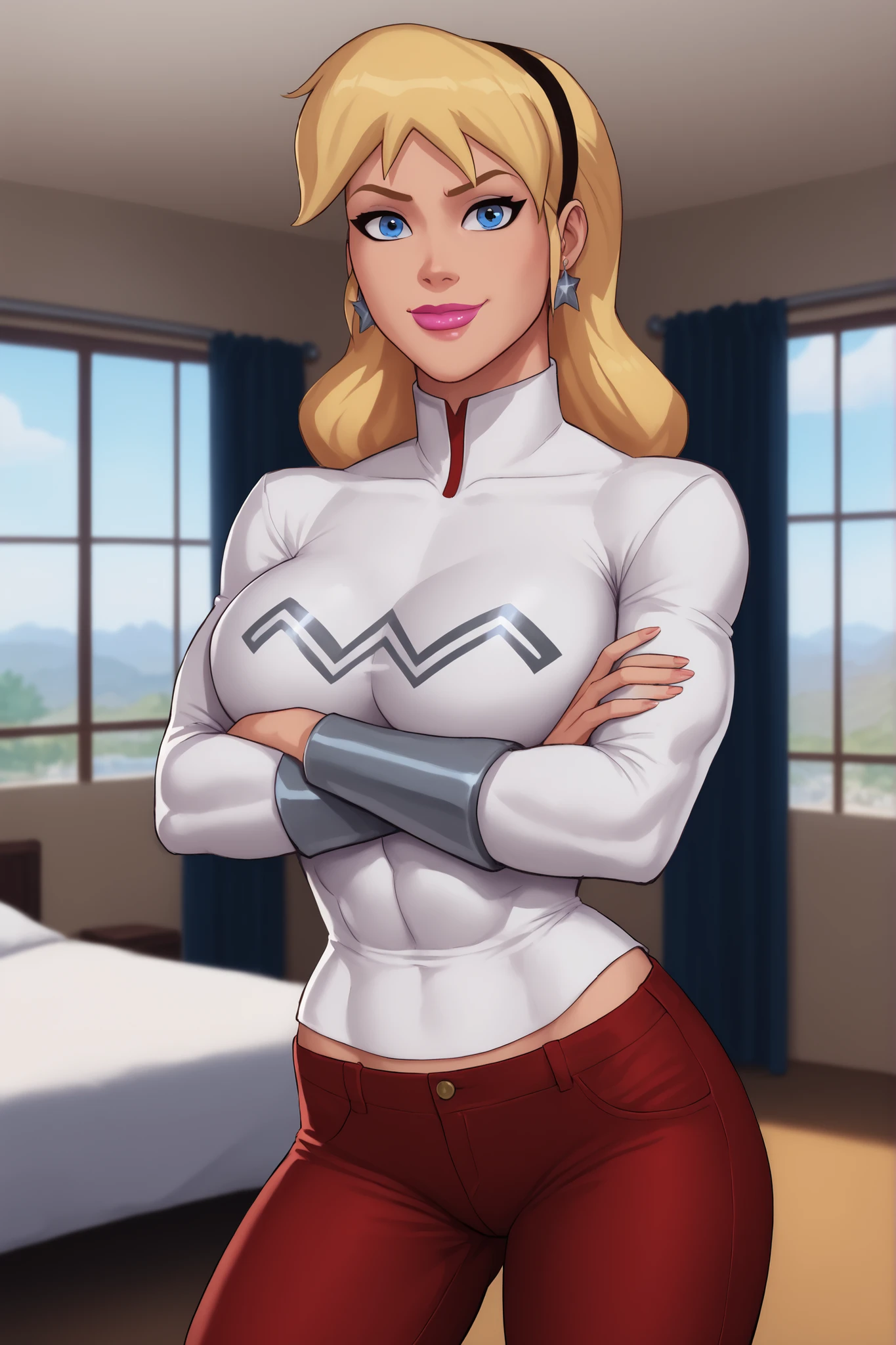 safe_pos, PonyXLV6_Scores BREAK (((parody style, parody:1.2)), perfect anatomy, cowboy shot) 1girl, blonde hair, blue eyes, ((looking at viewer)), hairband, star earrings,  curvy,  athletic, indoors, long sleeve, white leather jacket, white crop top, red jeans, large breasts, smiling, closed mouth, standing, bright pink lipstick, happy expression, bedroom, arms crossed, crossed arms 