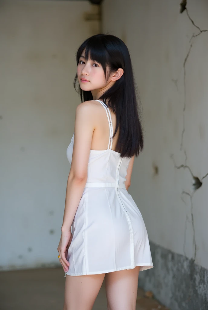 8k,masterpiece,high resolution,Japanese,12-year-old girl,from the front,smile,Innocent face,Calm Eyes,semi-long,Black Hair,bright,Underdeveloped,White camisole dress,Summer clothes,Back Alley,Thighs,Wide open chest,clavicle,Shoulder straps,Small valley,The thinnest fabric,The skin is transparent,Sun light,Thighs,delicate,Poor,