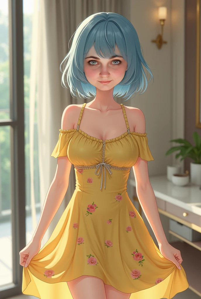 (Ultra realistic 16k), (extremely complex:1.3), (realistic), very white girl, blushing cheeks, ceano blue hair, dress on, narrow waist, proportional hips, beautiful legs, 18 years old, (beautiful body), professional photography of a stunning woman detailed, sharp focus, dramatic, award-winning, cinematic lighting, volumetric dtx, (film grain, blurred background, blurred foreground, Bokeh, depth of field, Sunset, motion blur:1.3), various poses.
