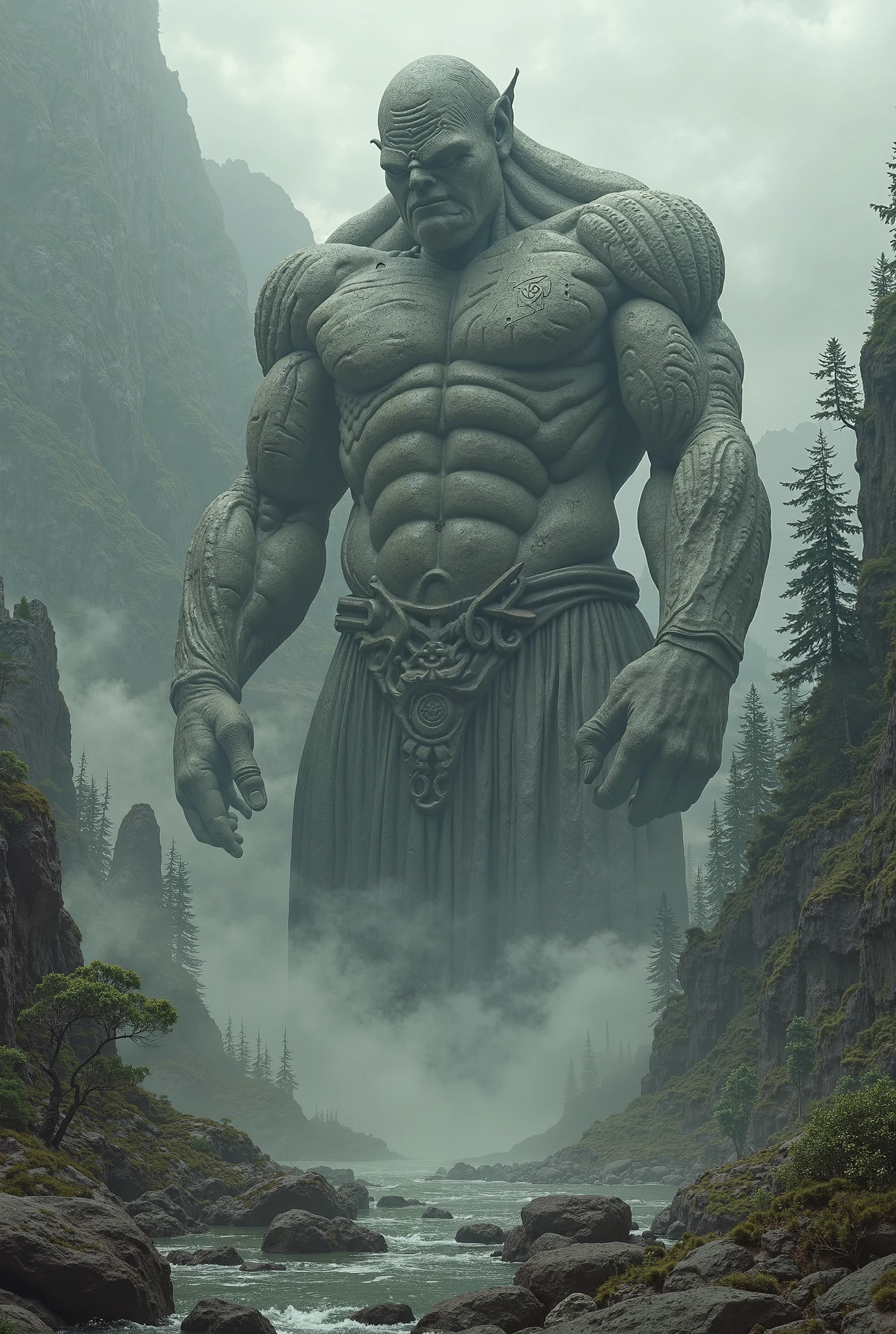 "A large, imposing figure stands on the peak of a mountain and hold own belt, gazing down with a solemn expression at a scene below. The valley is flooded, with people struggling against the rising waters, their distress evident. The contrast between the serene, lofty position of the giant and the chaotic, troubled scene below underscores the dramatic disparity."