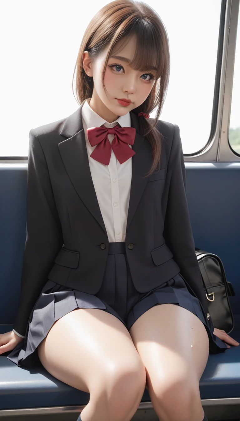 (tmasterpiece,k hd,hyper HD,4K)brunette color hair,20 years old Japanese girl,Uniform skirts,emphasizing thighs,whitethighhighs,soft thighs,Glossy thighs,Sitting on the train,Face-to-face perspective,(From the angle below),sitting in the train seat,sitting in front,Crotch zoom camera,Feet on the train floor,full bodyesbian,Head down and sleepy-eyed,looking at the viewer only", best qualtiy, hyper HD, (realisticlying:1.4),, A high resolution, the detail, RAW photogr, Sharp Re, Nikon D850 Film Stock Photo by Jefferies Lee 4 Kodak Portra 400 Camera F1.6 shots, Rich colors, ultra-realistic vivid textures, Dramatic lighting, Unreal Engine Art Station Trend, cinestir 800,huge tit,Blush